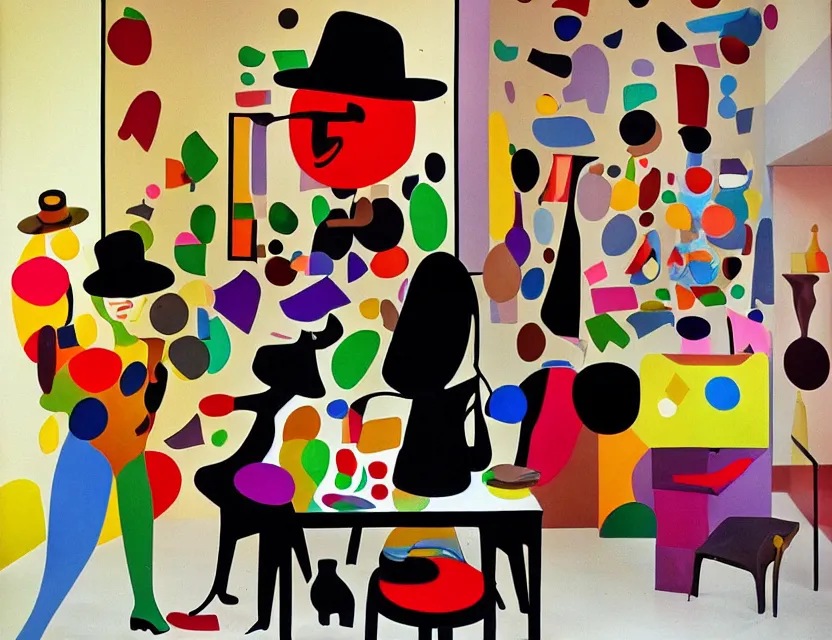 Image similar to a colorful installation sculpture artwork of a old and strange dusty professor in black suite and hat and a old woman making a study of drinking 1 0 cups of black coffee in 5 seconds in a kitchen that is melting, styled by niki de saint phalle and fernando botero