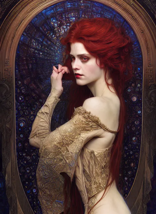 Prompt: hyper detailed masterpiece vampire girl duchess by donato giancola and tom bagshaw, face by artgerm and edmund leighton, and alphonse mucha, trending on artstation, dreamlike, melancholy aesthetic, ornate, background by gustav klimt, 8 k, black gothic, majestic, volumetric lighting, porcelain skin, concept art, sharp focus