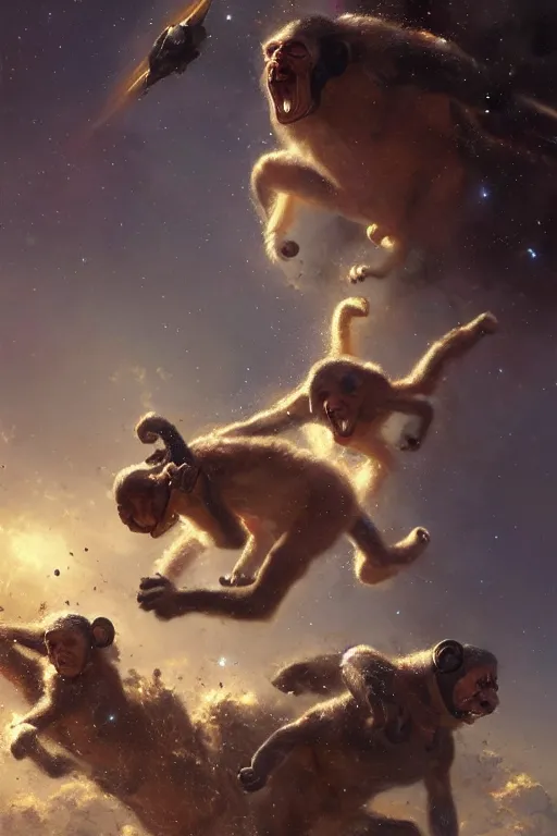 Prompt: space monkeys, 8 k, trending on artstation, smooth, sharp focus artwork by gustave courbet, mark keathley, greg rutkowski and annie leibowitz