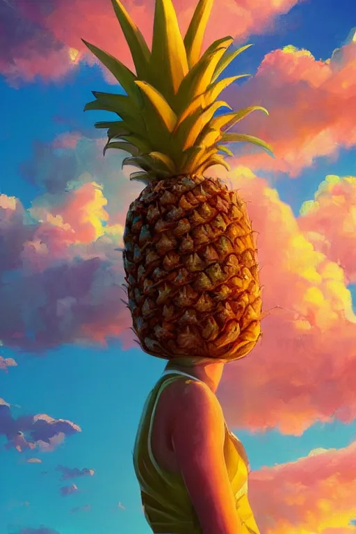 Image similar to closeup, giant pineapple head, girl in djungle, surreal photography, golden hour, colorful clouds, impressionist painting, digital painting, artstation, simon stalenhag