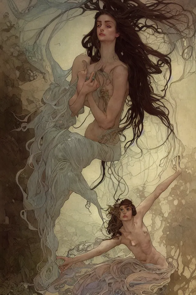 Image similar to skinny male fantasy scientist, long dark hair, 1 9 2 0, ethereal, graceful, elegant, highly detailed, intricate, smooth, sharp focus, artstation, digital paining, concept art, art by peter mohrbacher, ivan bilibin, artem demura, alphonse mucha, artgerm, valentina remenar, cedric peyravernay