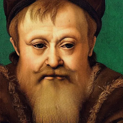 Prompt: detailed renaissance portrait painting of gentleman dwarf with green wearing brown tuxedo