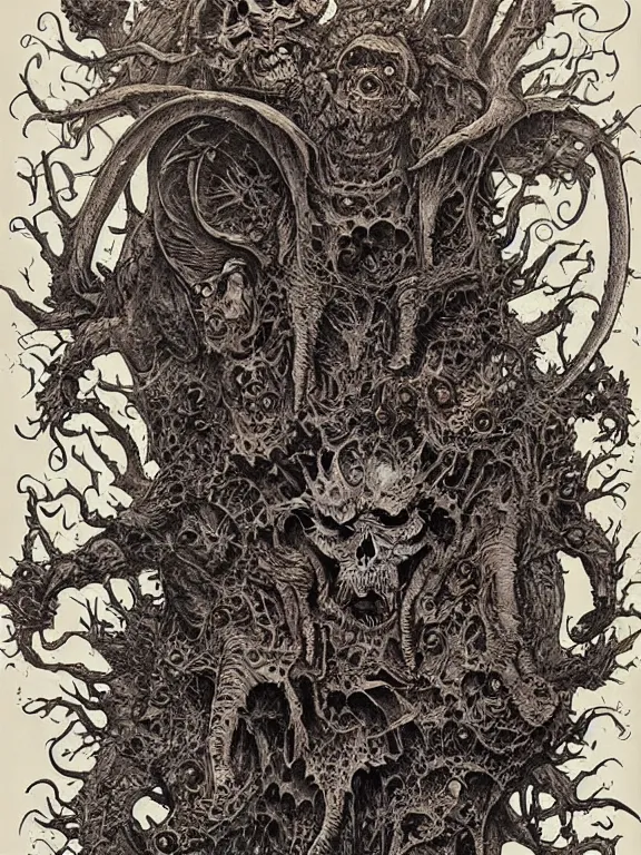 Prompt: A horror illustration design of a Necronomicon from hell revealing the fate of mankind,by James Jean and M.W.kaluta and james c. christensen and aaron horkey and peter gric,trending on pinterest,medieval,ossuary,rococo,fractalism,maximalist,glittering,feminine