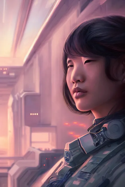 Image similar to portrait futuristic asian airforce girl, looking at the camera, in future airport rooftop , sci-fi, fantasy, intricate, very very beautiful, elegant, human anatomy, neon light, highly detailed, digital painting, artstation, concept art, smooth, sharp focus, illustration, art by tian zi and WLOP and alphonse mucha