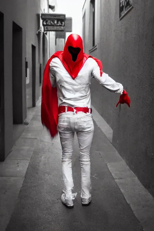 Prompt: red hood cosplay, creepy, disturbing, bloody, darkness, grainy, urban, jeans, white jacket, no eyes