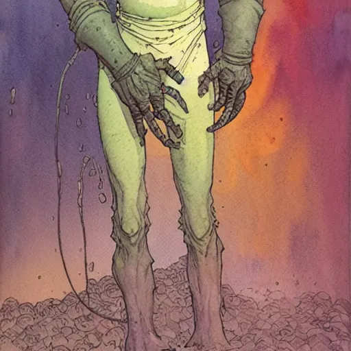 Prompt: a simple and atmospheric watercolour pulp sci - fi alien, very muted colors, by rebecca guay, michael kaluta, charles vess and jean moebius giraud