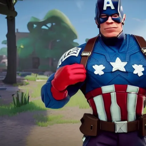 Image similar to John Cena wearing captain America's uniform, as a Fortnite character, cinematic, detailed