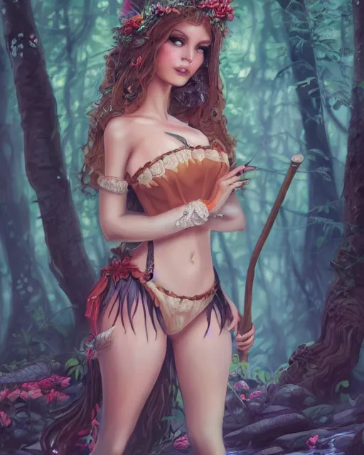 Prompt: A beautiful maid in a magical forest, bikini, beautiful face, very detailed face, fantasy art, in the style of Daniel Oldenburg, illustration, epic, fantasy, intricate, hyper detailed, artstation, concept art, smooth, sharp focus
