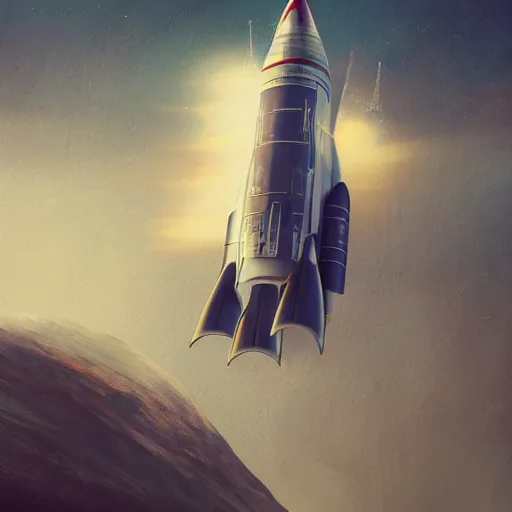 Prompt: retro futuristic vintage rocket spacecraft, atmospheric lighting, painted, intricate, volumetric lighting, beautiful, daytime, sunny weather, slight overcast, sharp focus, deep colours, ultra detailed, by leesha hannigan, ross tran, thierry doizon, kai carpenter, ignacio fernandez rios