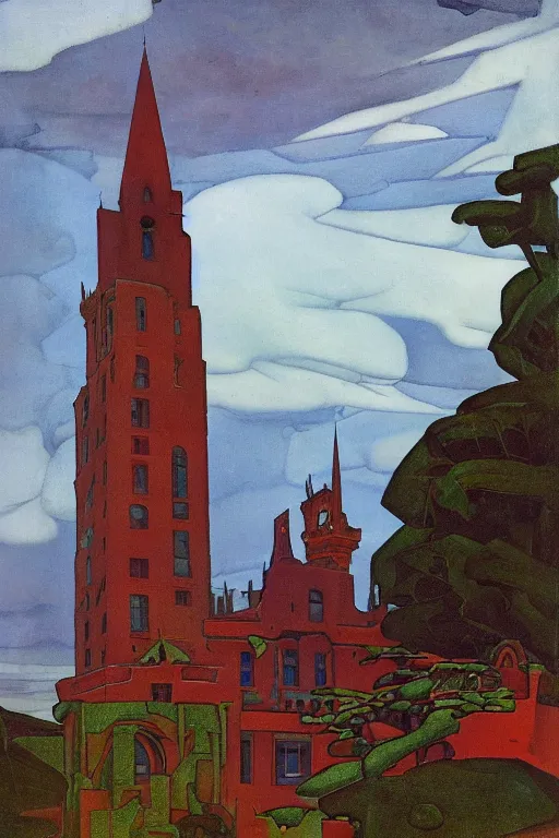 Prompt: view of the old tower and its gardens after a storm, tall windows lit up, beautiful ornamental architecture, dramatic cinematic lighting, rich colors, by Nicholas Roerich and and Caspar David Friedrich and April Gornik and William Dyce and ((Diego Rivera)), smooth, sharp focus, extremely detailed, featured on artstation