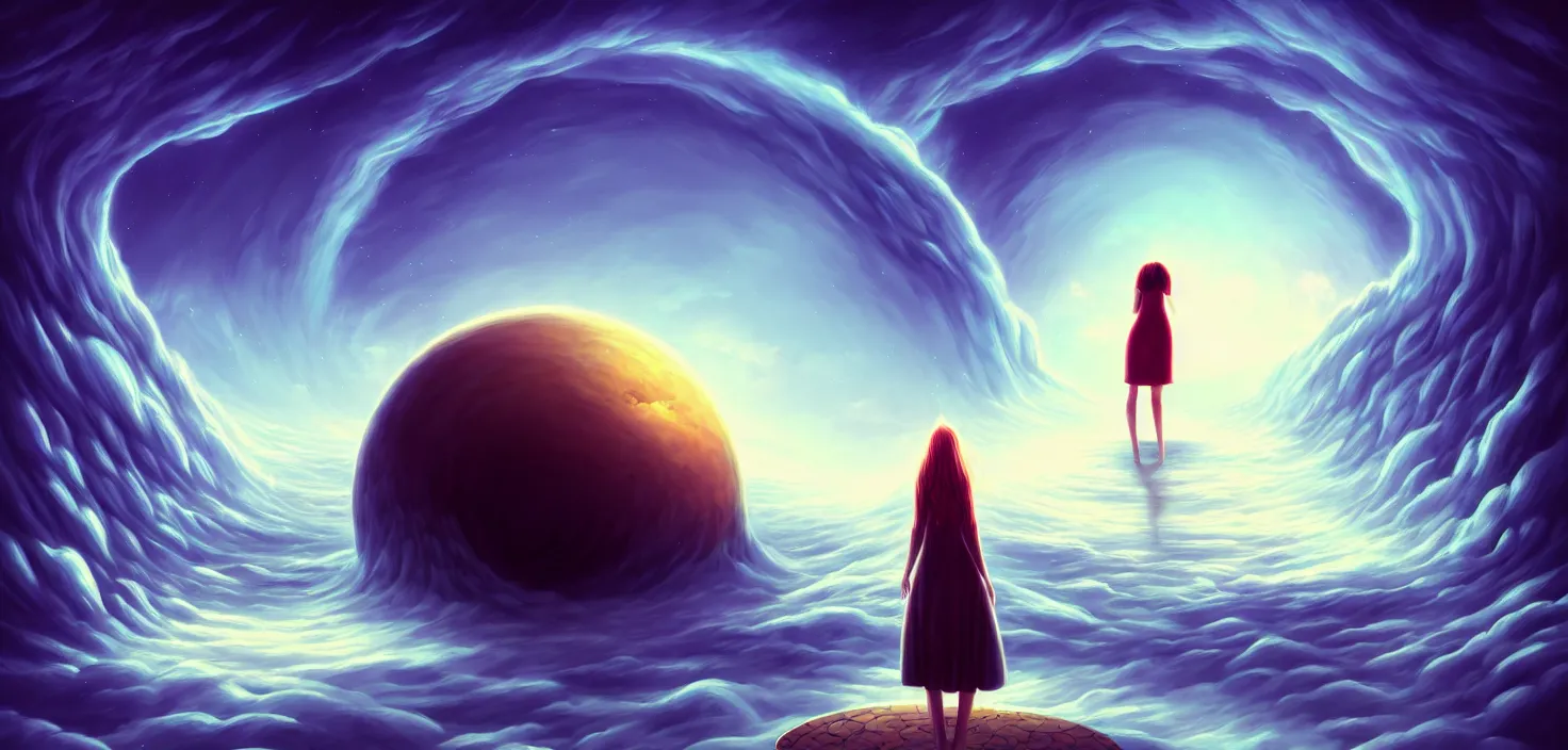 Prompt: a person standing in front of a large circular object, an album cover by cyril rolando, deviantart, magic realism, photoillustration, apocalypse art, matte drawing