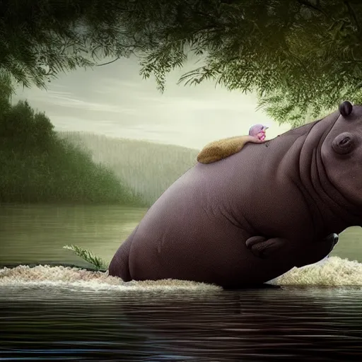 Image similar to sad hippo waking up in a beautiful river landscape, trending on artstation