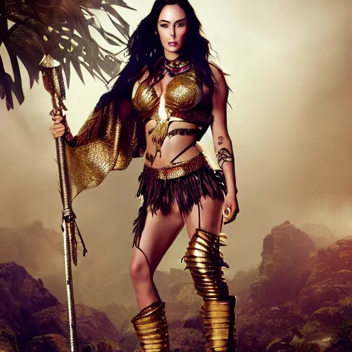 Image similar to full body photo of megan fox as a beautiful amazon warrior goddess wearing a flowing cape and golden chain mail armor, ornate jewelry, in the jungle, studio lighting, octane render, fashion photo by Arney freytag