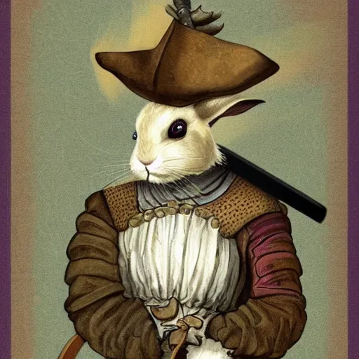 Prompt: « illustration of a white rabbit dressed as a seventeenth - century french musketeer with a sword in his hand. digital art, exquisite details »