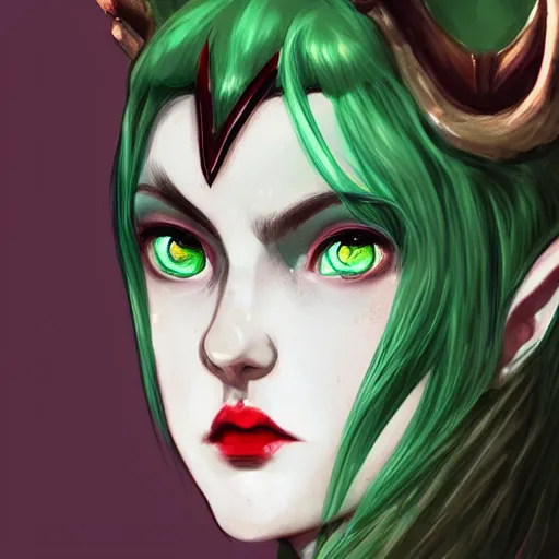 Prompt: a close up of a green haired elf person with blue eye with a horns crown red lips and wearing light armour, concept art by Lü Ji, trending on Artstation, fantasy art, official art, detailed painting, artstation hd