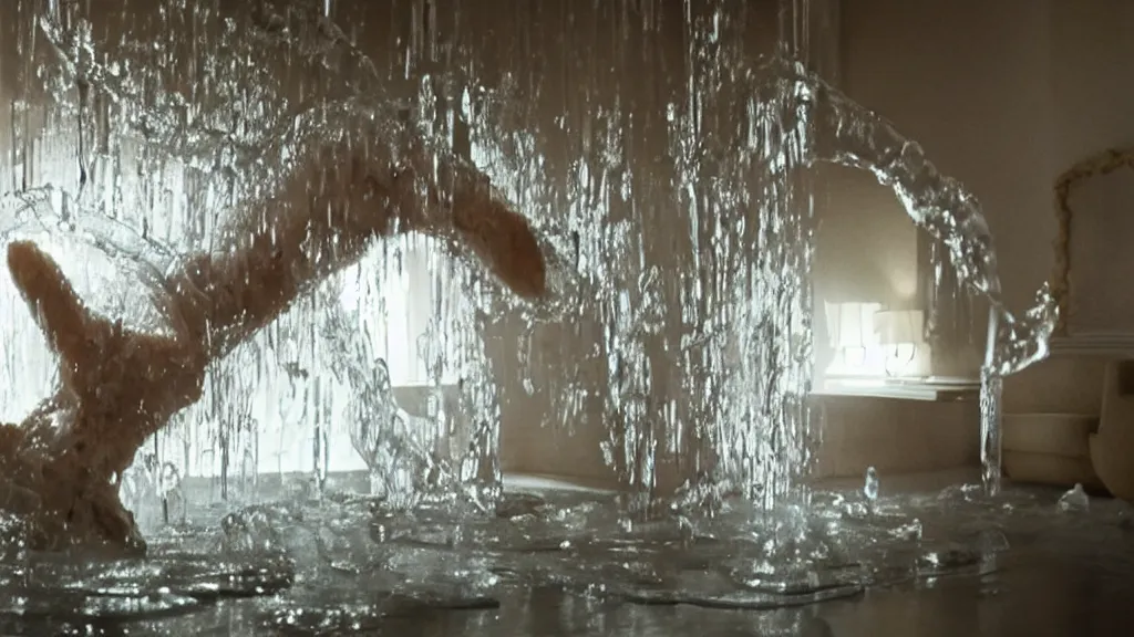 Prompt: a giant hand made of water and ice rampages through the living room, film still from the movie directed by Denis Villeneuve with art direction by Salvador Dalí, wide lens