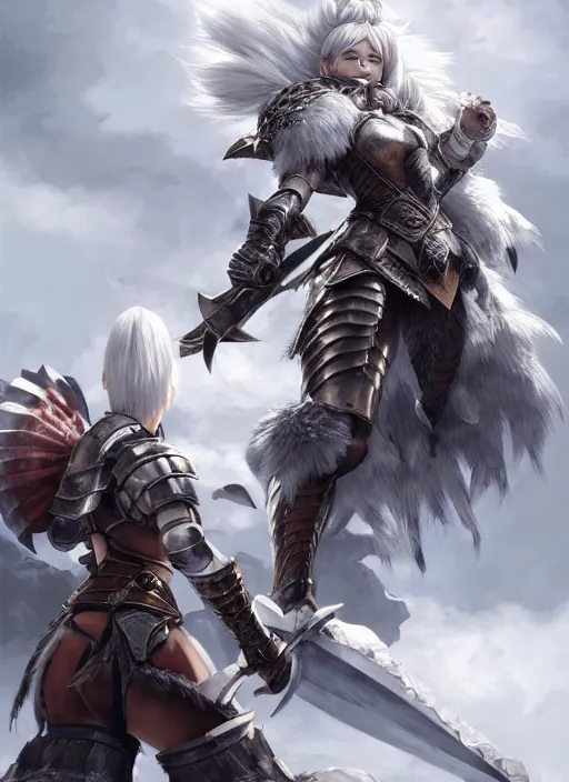 Image similar to warrior, fur - lined heavy armor!!! beautiful and athletic white hair female!! monster hunter!! character concept art, sharp focus, octane render! unreal engine 5! highly rendered!! trending on artstation!! detailed linework!! illustration by artgerm, wlop, and chie yoshii