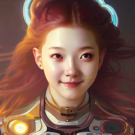 Image similar to portrait painting of a cute cyborg chuu loona kpop smiling cheerfully, ultra realistic, concept art, intricate details, eerie, highly detailed, photorealistic, octane render, 8 k, unreal engine. art by artgerm and greg rutkowski and magali villeneuve and alphonse mucha