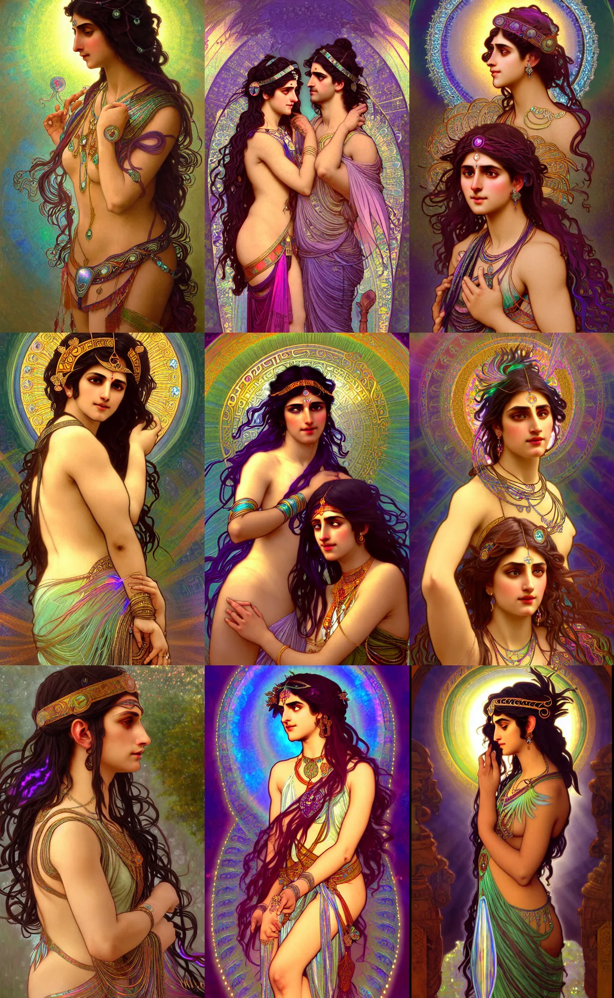 Prompt: ancient greek and gypsy and indian culture crossover, male and female, ecopunk art nouveau background, iridescent and opalescent, twilight, refractive crystal, elegant, feather hair ornaments, highly detailed, digital painting, glowing particles, misty, cinematic lighting, god rays, smooth, sharp focus, art by nixeu, by wlop, by alphonse mucha.