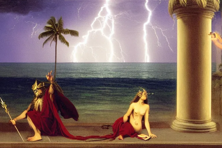 Image similar to Occult spirit on front of balustrade and palace columns, refracted lightnings on the ocean, thunderstorm, tarot cards characters, beach and Tropical vegetation on the background major arcana sky and occult symbols, by paul delaroche, hyperrealistic 4k uhd, award-winning, very detailed paradise