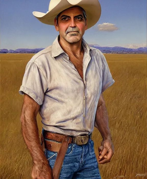 Prompt: portrait of george clooney as a rural texas rancher, art by denys tsiperko and bogdan rezunenko and julian onderdonk, hyperrealism