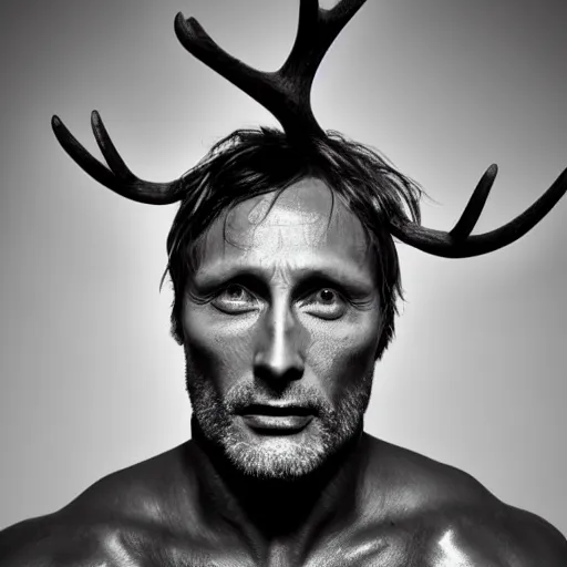 Image similar to black and white portrait of mads mikkelsen as a dark black skin toned demon with antlers, studio lighting