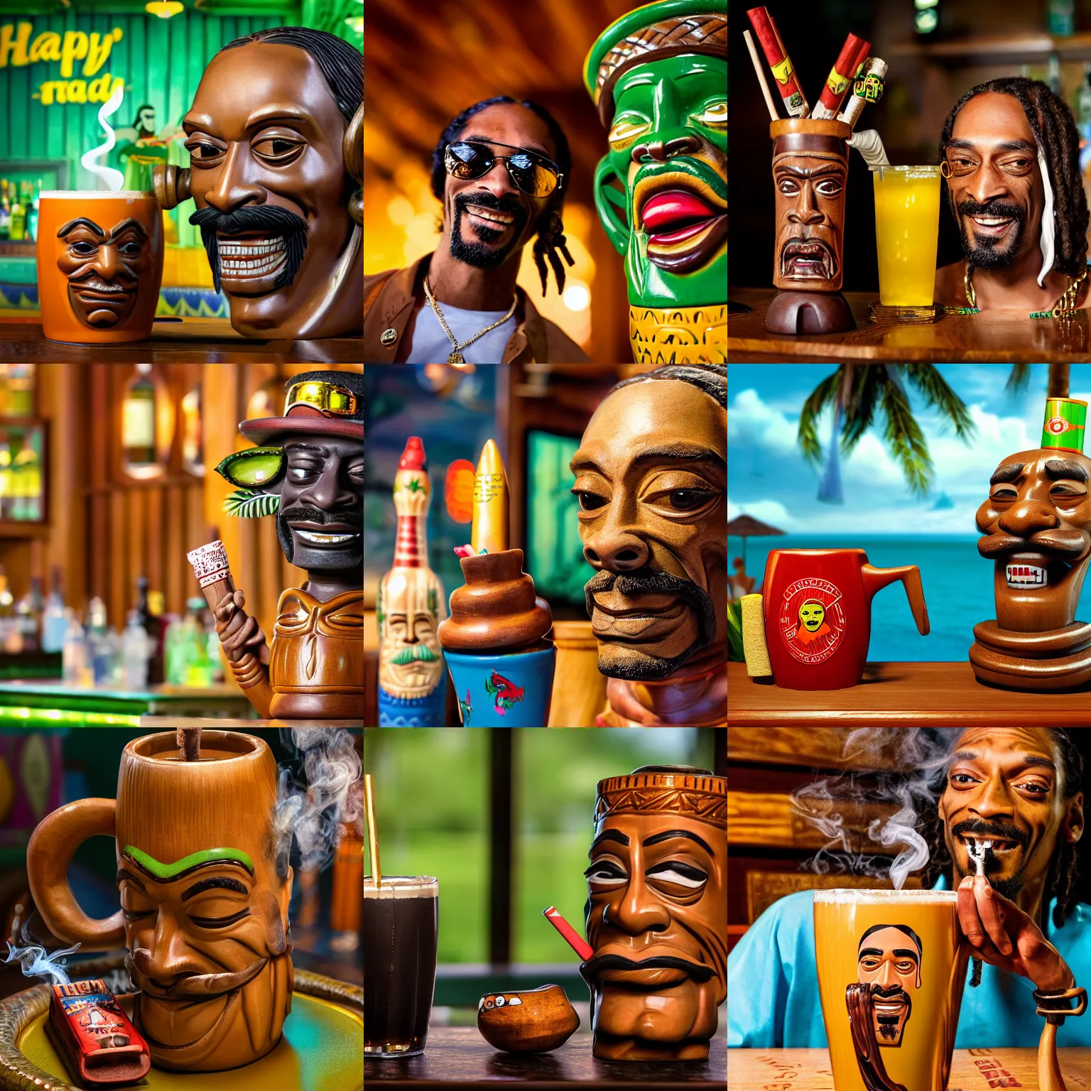 Prompt: a closeup photorealistic photograph of happy blunt smoking snoop dogg at trader vic's bar sitting next to a trader vic's style tiki mug with snoop dogg's face. tiki culture. bright scene. 4 k hd image that's trending on artstation, featured on behance, well rendered, extra crisp, features epic composition and the style of unreal engine.