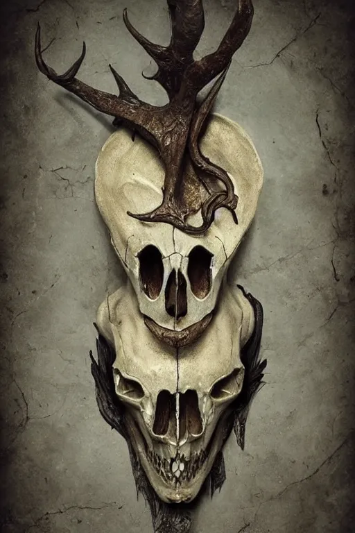 Image similar to photorealistic prop photograph of stoppered potion in deerskull designed for a bone witch, ancient witch gear, concept, fantasy, prop design, depth of field, soft focus, highly detailed, intricate, realistic, national geographic cover, soft glow, textured, artstation, concept art, sharp focus, illustration, art by artgerm and greg rutkowski and alphonse mucha