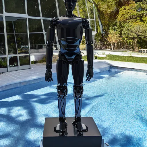 Image similar to a realistic detailed photo of a guy who is an attractive humanoid who is half robot and half humanoid, who is a male android, french presenter cyril gossbo, shiny skin, posing like a statue, blank stare, by the pool, on display, showing off his muscles, humanoid robot, frozen ice statue