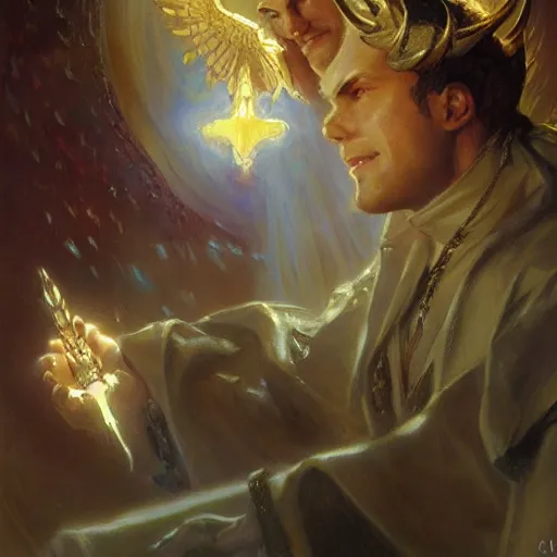 Image similar to attractive male deity casts light spell, summons attractive male lucifer morningstar. highly detailed painting by gaston bussiere, craig mullins, j. c. leyendecker 8 k