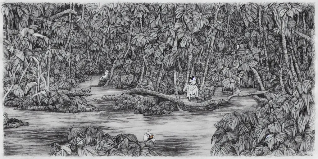 Image similar to sri lankan river jungle, drawn by hayao miyazaki