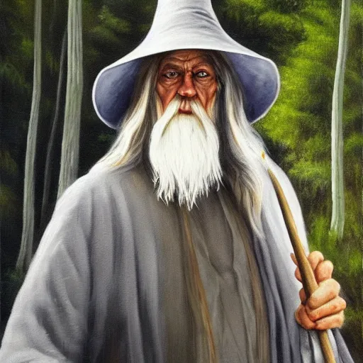 Prompt: Gandalf with his long brimmed hat travelling trough the forest, oil painting, very detailed