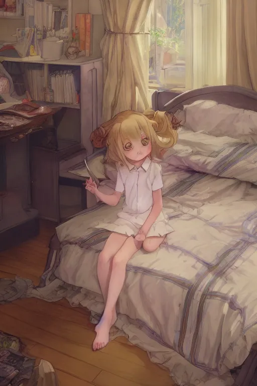 Image similar to a masterpiece digital art of a loli with blonde long hair in a jk uniform outfit in bedroom in after noon, by krenz cushart and mucha and akihito yoshida and greg rutkowski and makoto shinkai, detailed eyes, 4 k resolution 、 trending on art station