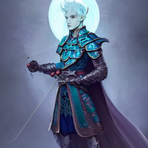 Image similar to half length portrait of a handsome male snow elf in a turquoise cape and silver ornate armour as an archer, albino skin, pale pointed ears, ethereal opalescent mist, moonlight snow, perfect face, elegant, very coherent symmetrical artwork, atmospheric lighting, rule of thirds, by wenjun lin, krenz cushart, charlie bowater, trending on artstation