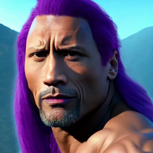 Image similar to Dwayne Johnson with long purple hair, 4k, 8k, trending on artstation, artstationHD, artstationHQ, photorealistic imagery