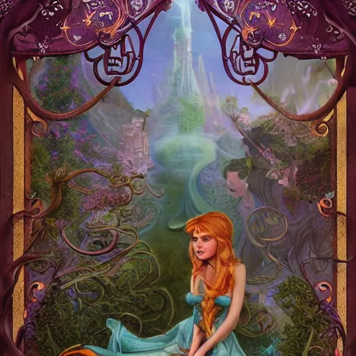 Image similar to realistic detailed view of neverland by emilia dziubak, will terry, greg olsen, chris mars, ann long, and mark brooks, fairytale, female, feminine, art nouveau, illustration, character concept design, storybook layout, story board format