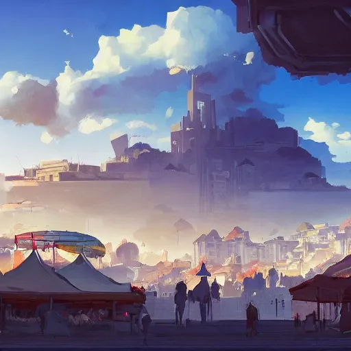 Image similar to a city market and the blue sky with clouds in the distance, in the style of peter mohrbacher