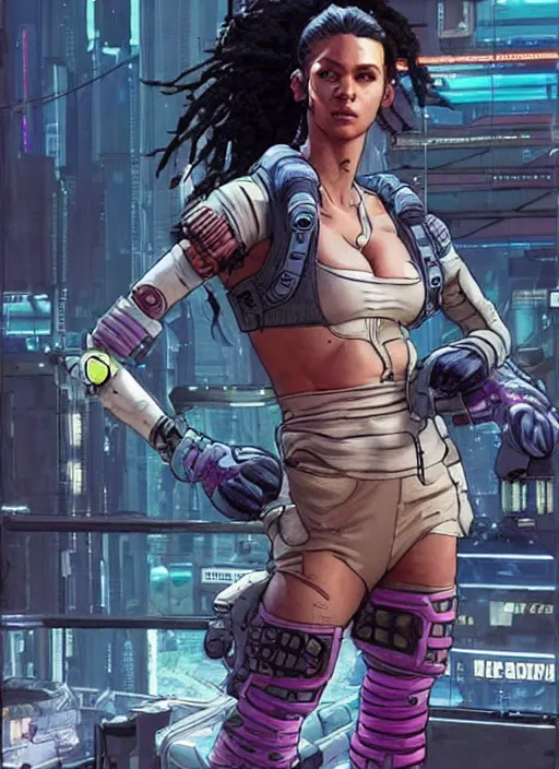 Prompt: apex legends cyberpunk fitness babe. concept art by james gurney and mœbius. gorgeous face, cinematic, dramatic lighting ( cyberpunk 2 0 7 7 ), clean aesthetic