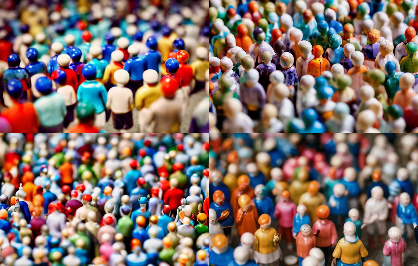 Prompt: A crowd of colourful porcelain people figurines close up, tilt shift, reflections, Canon TS-E 17mm f/4, pristine quality wallpaper