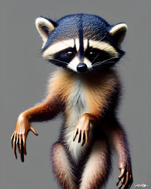 Image similar to Very cute Racoon, (((artstation, concept art, smooth, sharp focus, artgerm, Tomasz Alen Kopera, Peter Mohrbacher, donato giancola, Joseph Christian Leyendecker, WLOP, Boris Vallejo))), octane render, unreal engine, 3d render, , octane render, nvidia raytracing demo, grainy, muted