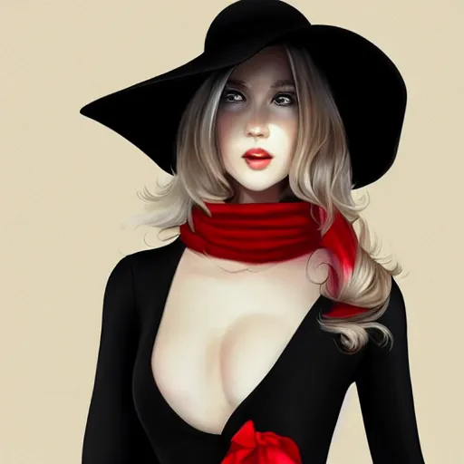 Image similar to beautiful woman in a black dress, full length photo, wearing a white hat and a red scarf, head bowed slightly, looking mischievously and mysteriously at the camera, wavy blond hair, knees upturned, very beautiful woman, 4k highly detailed, digital painting, artstation, concept art, matte, sharp focus, illustration, art by Artgerm and Greg Rutkowski and Alphonse Mucha