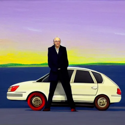 Image similar to larry david standing on roof of 2009 prius, edward hopper painting