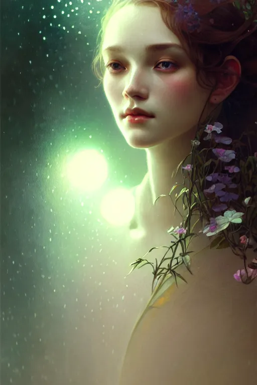 Image similar to beautiful aerite, portrait in the center of the face, home care, gentle, thoughtful, fog, snow, volumetric lighting, soft light particles floating next to her, illustration, perfectly shaded, often painted, works by krenz kushart and wenjun lin, alphonse mucha