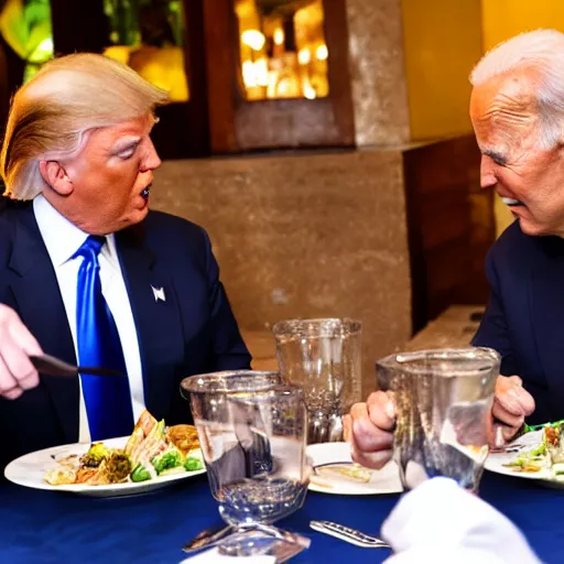 Image similar to donald Trump and joe Biden having dinner at a fancy Balinese restaurant, award winning photography, 85mm, perfect faces