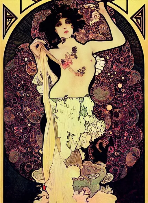 Image similar to Goth fractal girl, surreal Dada collage by Alphonse Mucha