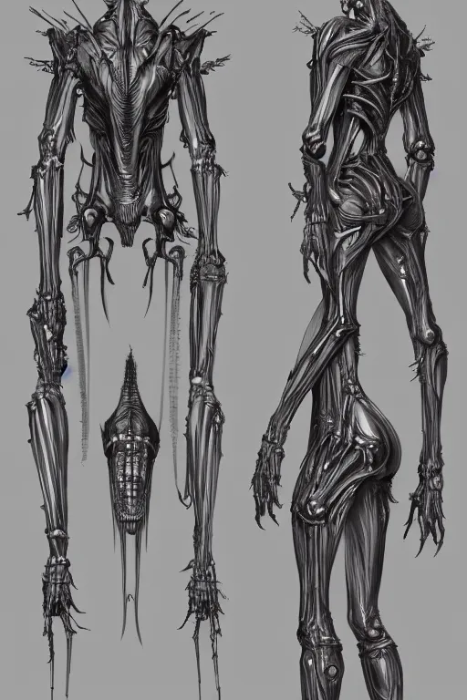 Image similar to vampire with gunmetal grey skin, medical anatomy, very symmetrical face, highly detailed, mecha, three - perspective / three - view reference sheet ( front / back / side ), in the style of dan ouellette, hr giger, sil from species, dren from splice, biomechanical, artstation, unreal engine