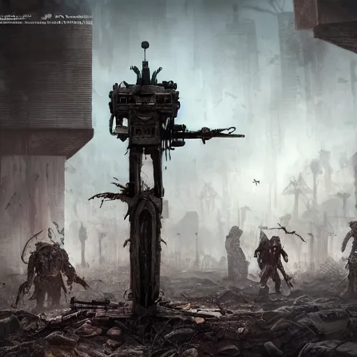 Image similar to on a quest for their salvation in a post - apocalyptic, apocalyptic, brutalist city decorated with zombies and robots, matte painting trending on artstation the machine gun was used to show the digital art of swords in the ghost,