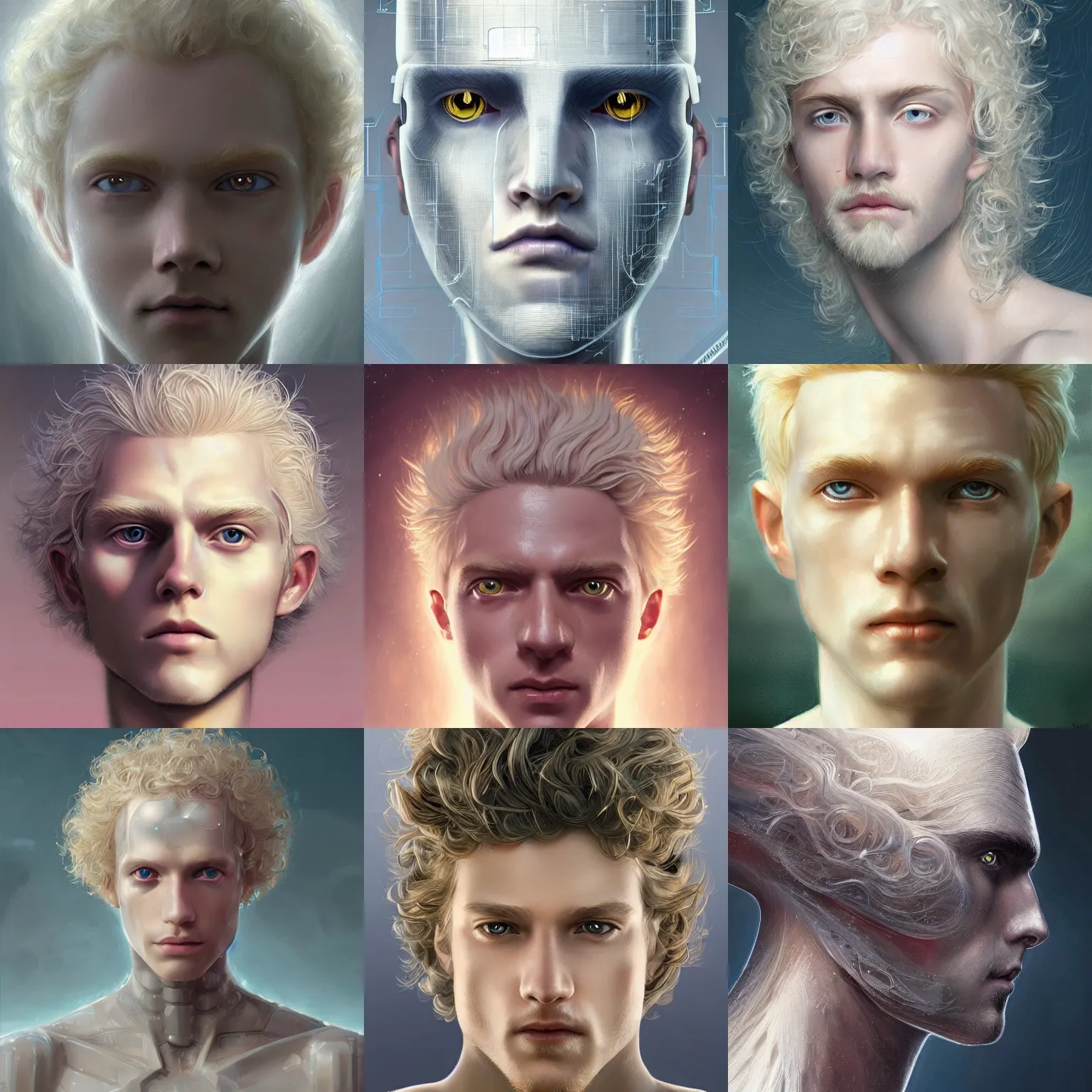 Prompt: a magical robot head of a pale blond prince, artificial intelligence, highly detailed, digital painting, smooth, sharp, beautiful face, expressive eyes, long fluffy curly blond hair, art by greg rutkowski and alex gray