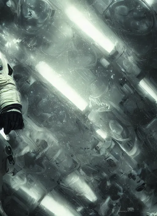 Prompt: complex poster art by craig mullins astronaut in futuristic dark and empty spaceship underwater. infrared glowing lights. complex and hyperdetailed technical suit. reflection and dispersion materials. rays and dispersion of light. volumetric light. 5 0 mm, f / 3 2. noise film photo. flash photography. unreal engine 4, octane render. interstellar movie poster