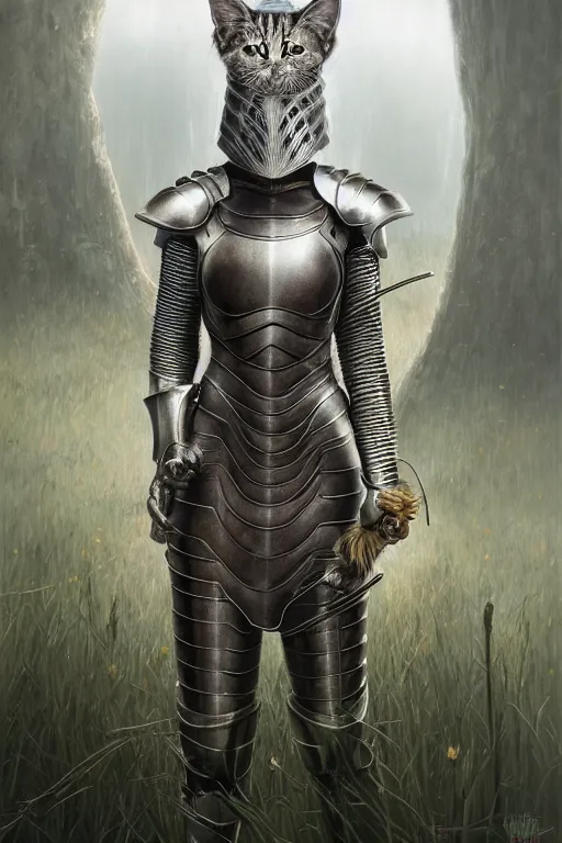 Prompt: female knight with cat on her head in the wild nature, armor design by wayne barlowe, blonde hair, symmetry, sci - fi, dark fantasy, perfect light and composition, 4 k, ultra hd, sense of awe, highly detailed, realistic, intricate
